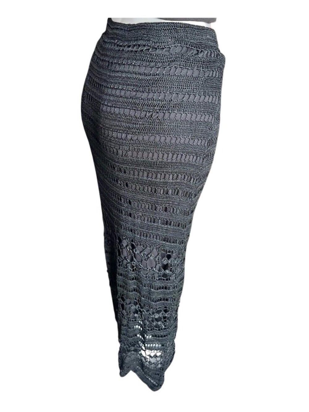 Chicos Maxi Skirt Size 2 Black Crocheted Lace Lined Design 41.5" Length Boho - Picture 6 of 11